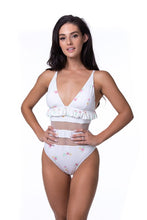 Load image into Gallery viewer, BEIGE FLORAL RUFFLE TRIM MESH ONE PIECE SWIM