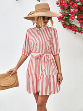 Load image into Gallery viewer, Striped Half Sleeve Tie Waist Mini Dress