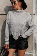 Load image into Gallery viewer, Turtle Neck Tassel Front Long Sleeve Pullover Sweater