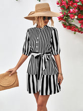 Load image into Gallery viewer, Striped Half Sleeve Tie Waist Mini Dress