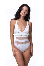 Load image into Gallery viewer, BEIGE FLORAL RUFFLE TRIM MESH ONE PIECE SWIM
