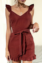 Load image into Gallery viewer, Tie Belt V-Neck Ruffled Romper
