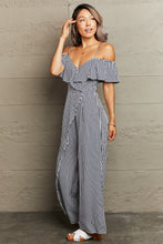 Load image into Gallery viewer, Striped Spaghetti Strap Cold-Shoulder Jumpsuit

